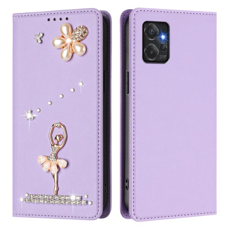 For Motorola Moto G Power 2023 Ballet Girl Diamond Studded RFID Vegan Leather Phone Case