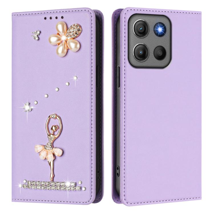 For Motorola Moto G15 / G15 Power Ballet Girl Diamond Studded RFID Vegan Leather Phone Case