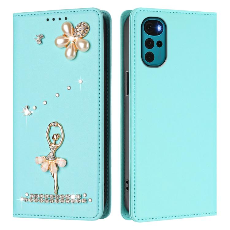 For Motorola Moto G22 / E32S Ballet Girl Diamond Studded RFID Vegan Leather Phone Case