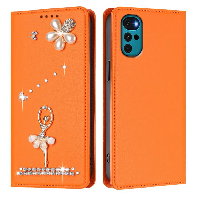 For Motorola Moto G22 / E32S Ballet Girl Diamond Studded RFID Vegan Leather Phone Case