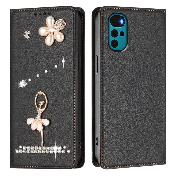 For Motorola Moto G22 / E32S Ballet Girl Diamond Studded RFID Vegan Leather Phone Case