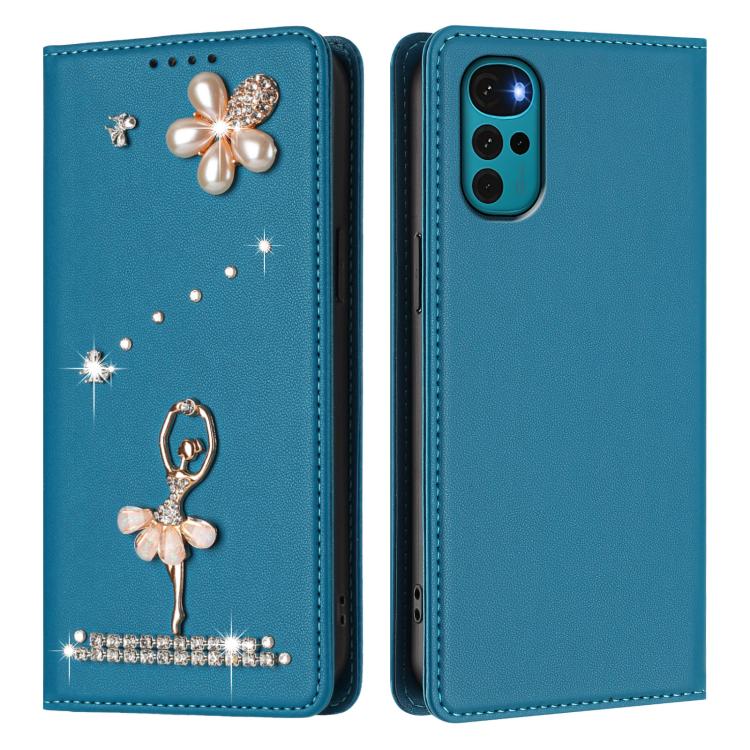 For Motorola Moto G22 / E32S Ballet Girl Diamond Studded RFID Vegan Leather Phone Case