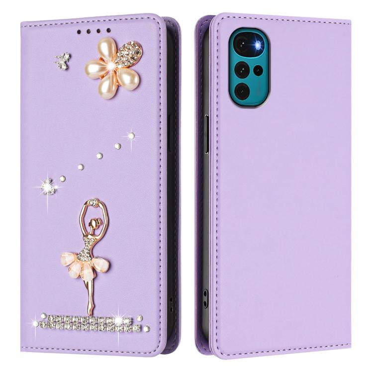 For Motorola Moto G22 / E32S Ballet Girl Diamond Studded RFID Vegan Leather Phone Case