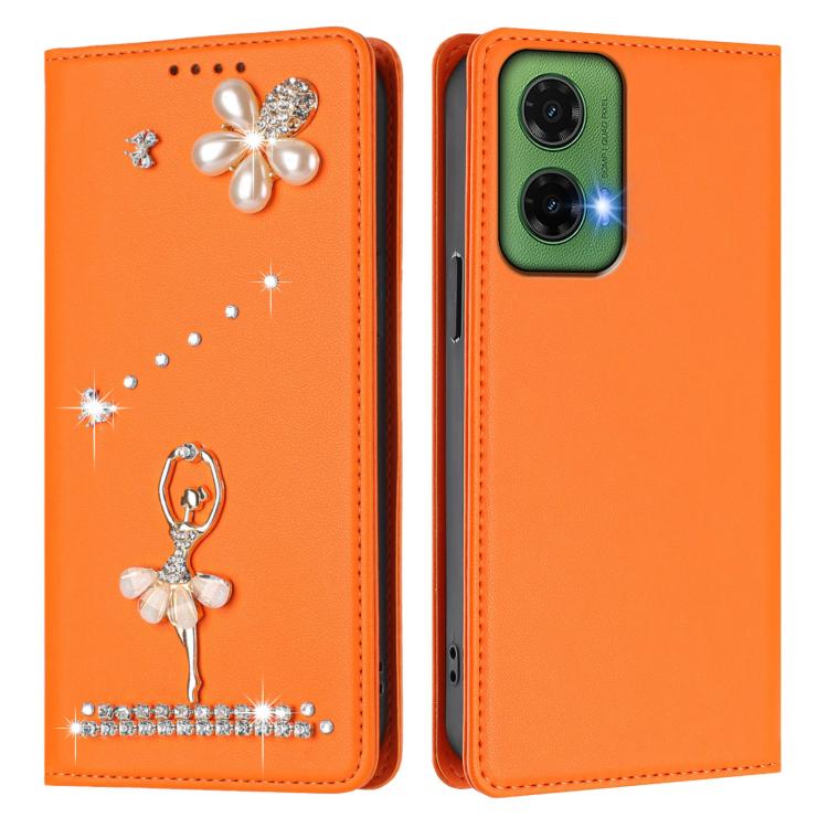 For Motorola Moto G35 Ballet Girl Diamond Studded RFID Vegan Leather Phone Case