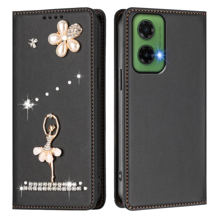 For Motorola Moto G35 Ballet Girl Diamond Studded RFID Vegan Leather Phone Case