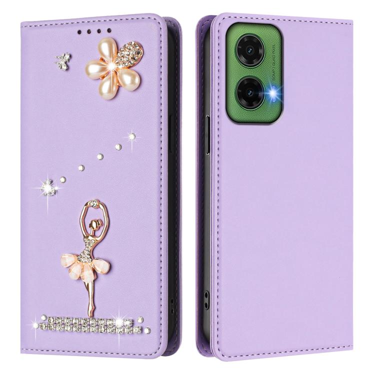 For Motorola Moto G35 Ballet Girl Diamond Studded RFID Vegan Leather Phone Case