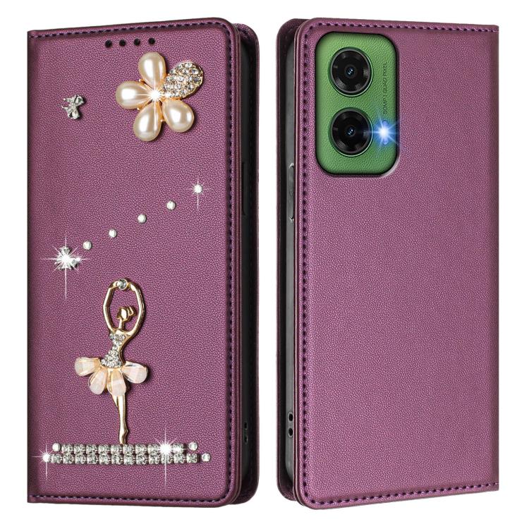 For Motorola Moto G35 Ballet Girl Diamond Studded RFID Vegan Leather Phone Case