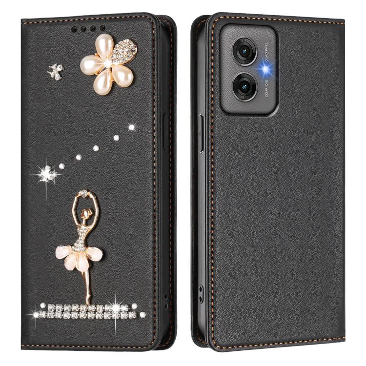 For Motorola Moto G55 Ballet Girl Diamond Studded RFID Vegan Leather Phone Case