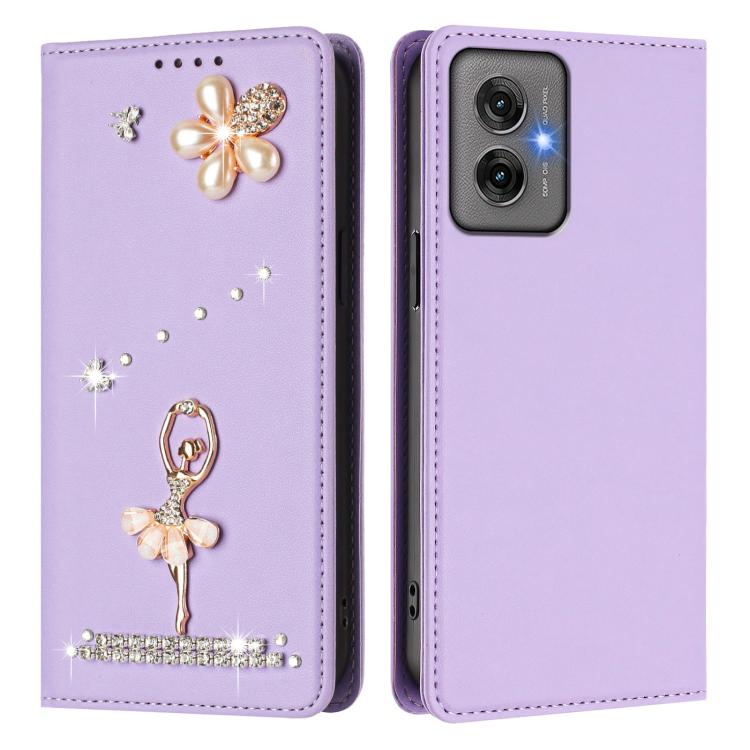 For Motorola Moto G55 Ballet Girl Diamond Studded RFID Vegan Leather Phone Case