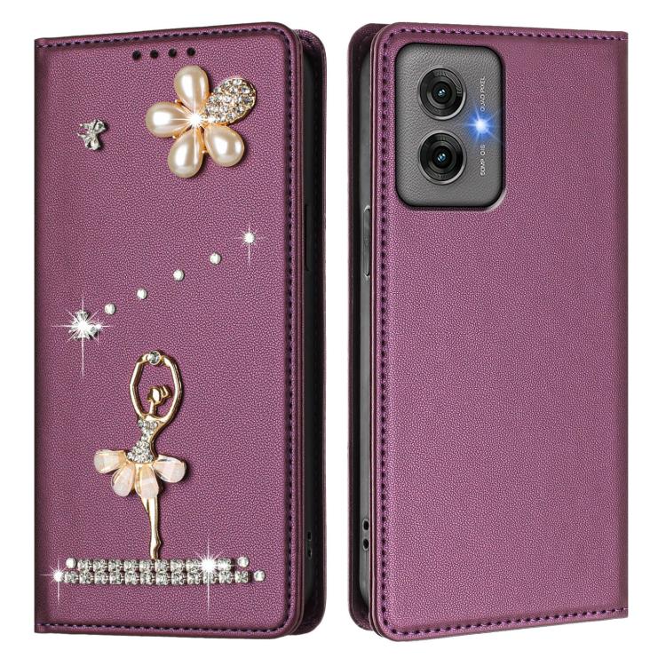 For Motorola Moto G55 Ballet Girl Diamond Studded RFID Vegan Leather Phone Case