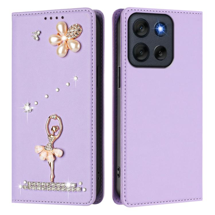 For Motorola Moto G56 Ballet Girl Diamond Studded RFID Vegan Leather Phone Case