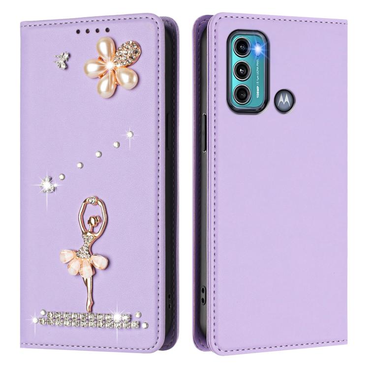 For Motorola Moto G60 / G40 Fusion Ballet Girl Diamond Studded RFID Vegan Leather Phone Case