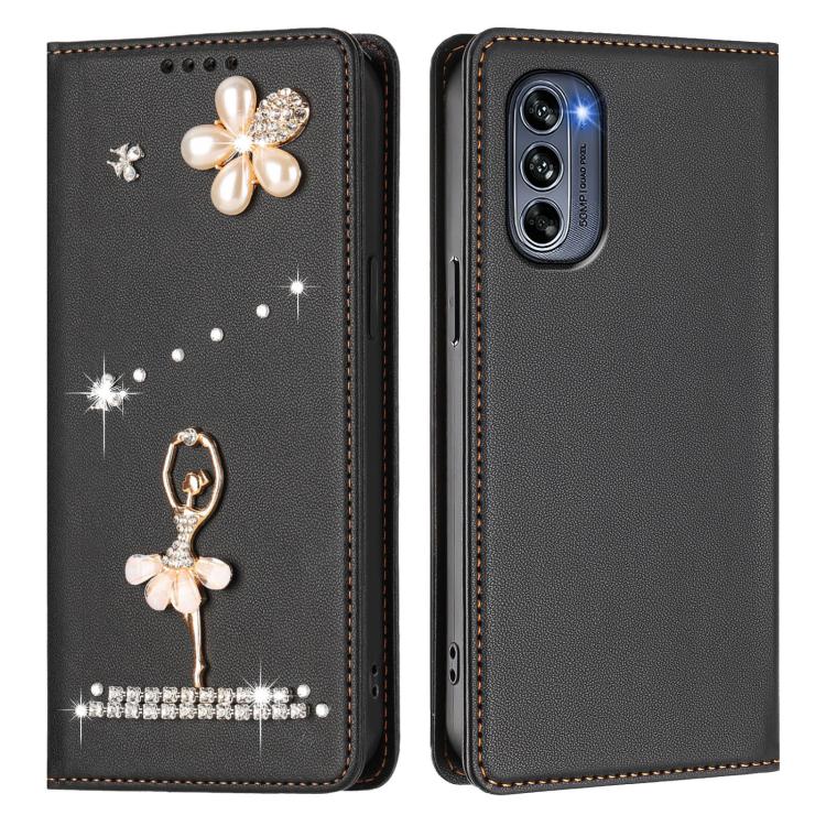 For Motorola Moto G62 5G Global Ballet Girl Diamond Studded RFID Vegan Leather Phone Case