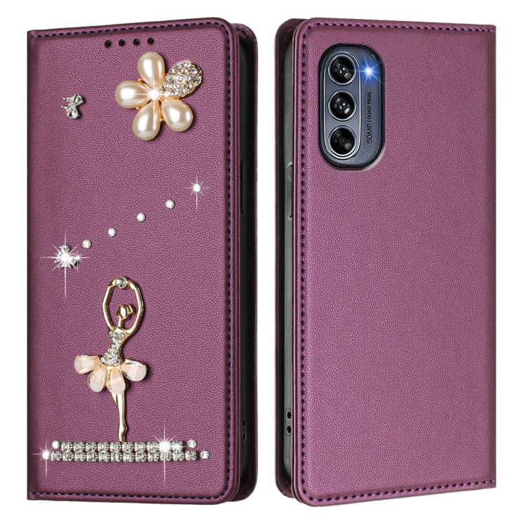 For Motorola Moto G62 5G Global Ballet Girl Diamond Studded RFID Vegan Leather Phone Case