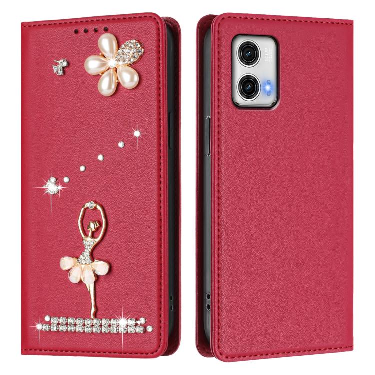 For Motorola Moto G73 Ballet Girl Diamond Studded RFID Vegan Leather Phone Case