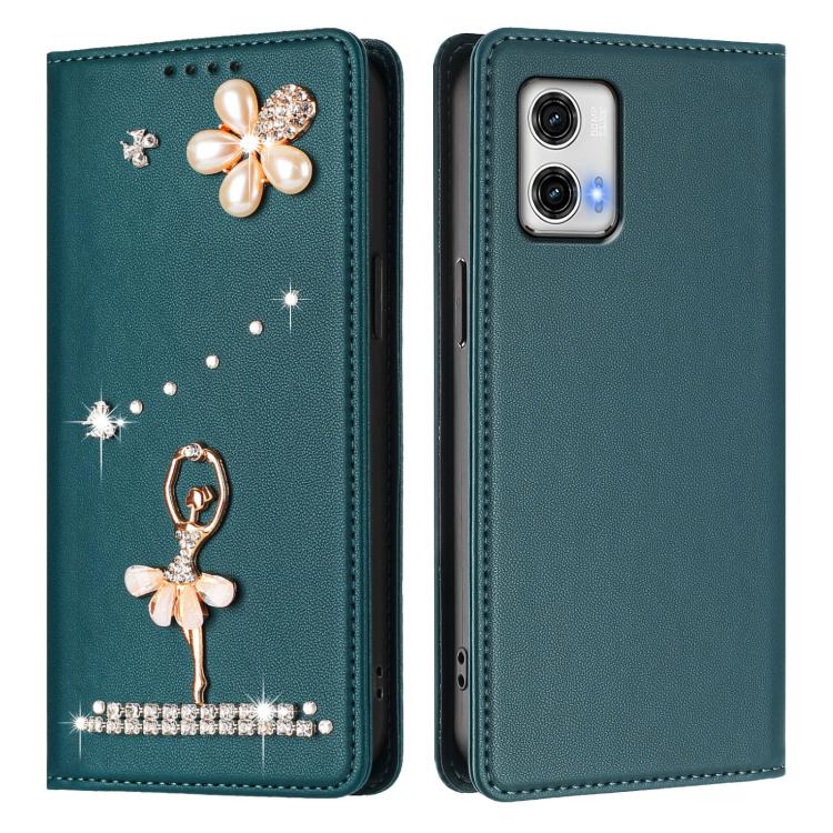For Motorola Moto G73 Ballet Girl Diamond Studded RFID Vegan Leather Phone Case