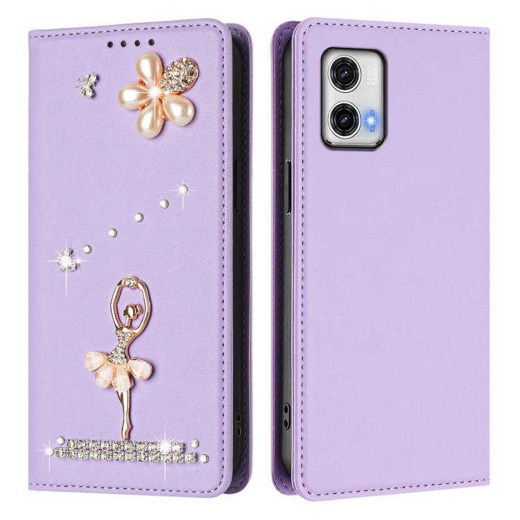 For Motorola Moto G73 Ballet Girl Diamond Studded RFID Vegan Leather Phone Case