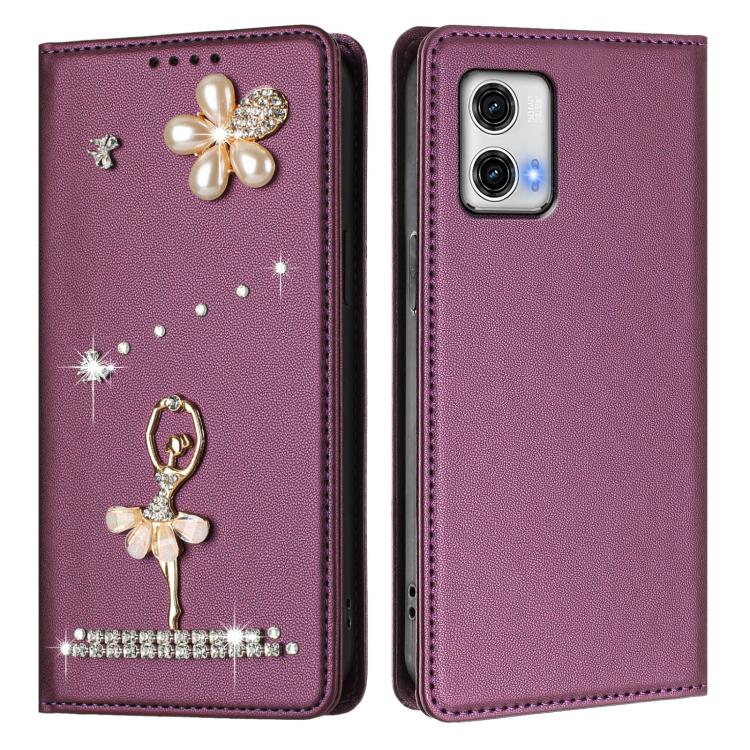 For Motorola Moto G73 Ballet Girl Diamond Studded RFID Vegan Leather Phone Case