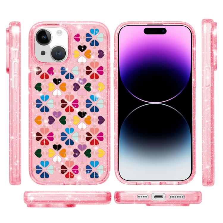 For iPhone 13 Glittering Crystal Red Heart Pattern Phone Case