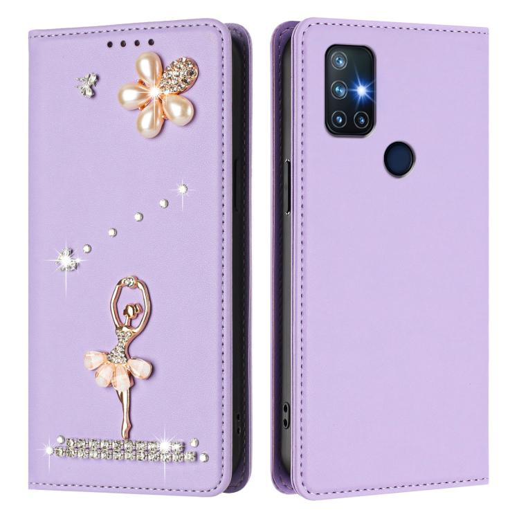 For OnePlus Nord N10 5G Ballet Girl Diamond Studded RFID Vegan Leather Phone Case