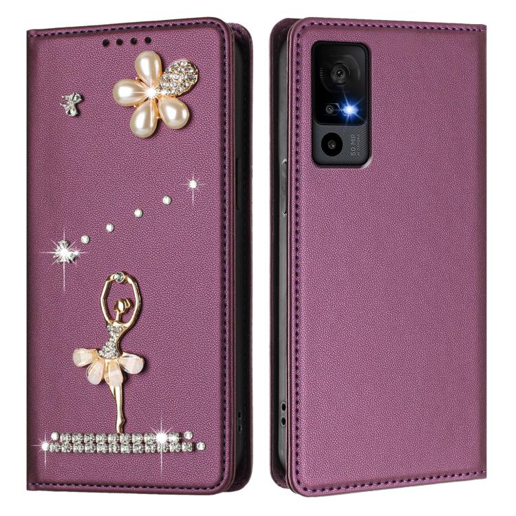 For TCL 40 R 5G / Sharp Aquos V6 Ballet Girl Diamond Studded RFID Vegan Leather Phone Case