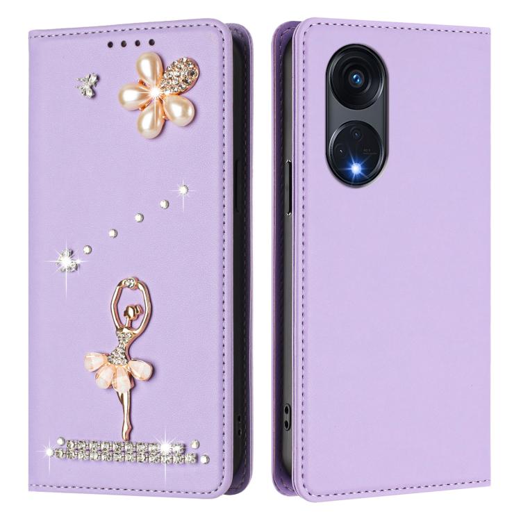 For OPPO Reno8 T 5G Global / A1 Pro 5G Ballet Girl Diamond Studded RFID Vegan Leather Phone Case