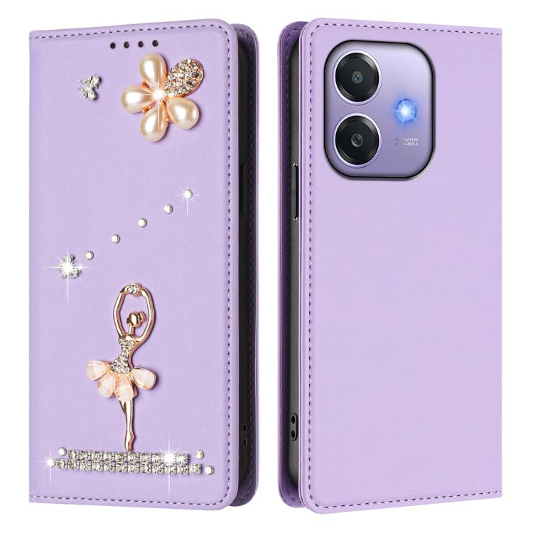 For OPPO A3x 4G / 5G India Ballet Girl Diamond Studded RFID Vegan Leather Phone Case