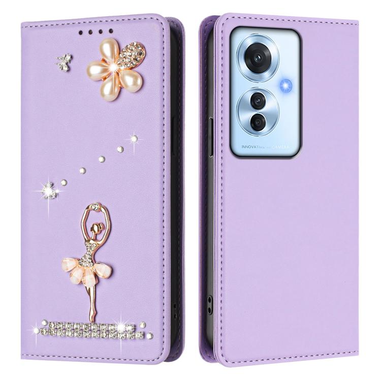 For OPPO Reno11 F 5G Global Ballet Girl Diamond Studded RFID Vegan Leather Phone Case