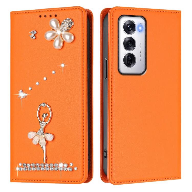 For OPPO Reno12 5G Global Ballet Girl Diamond Studded RFID Vegan Leather Phone Case