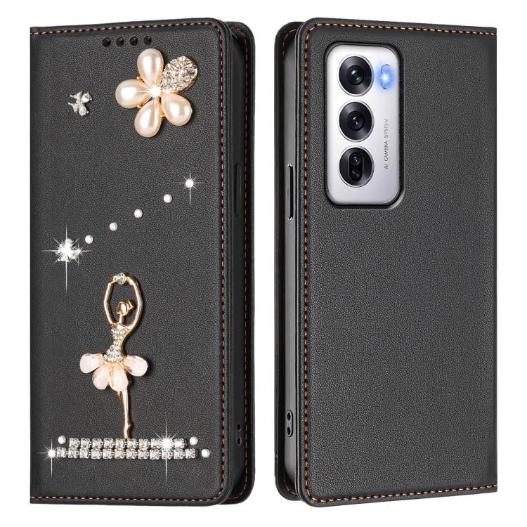 For OPPO Reno12 5G Global Ballet Girl Diamond Studded RFID Vegan Leather Phone Case