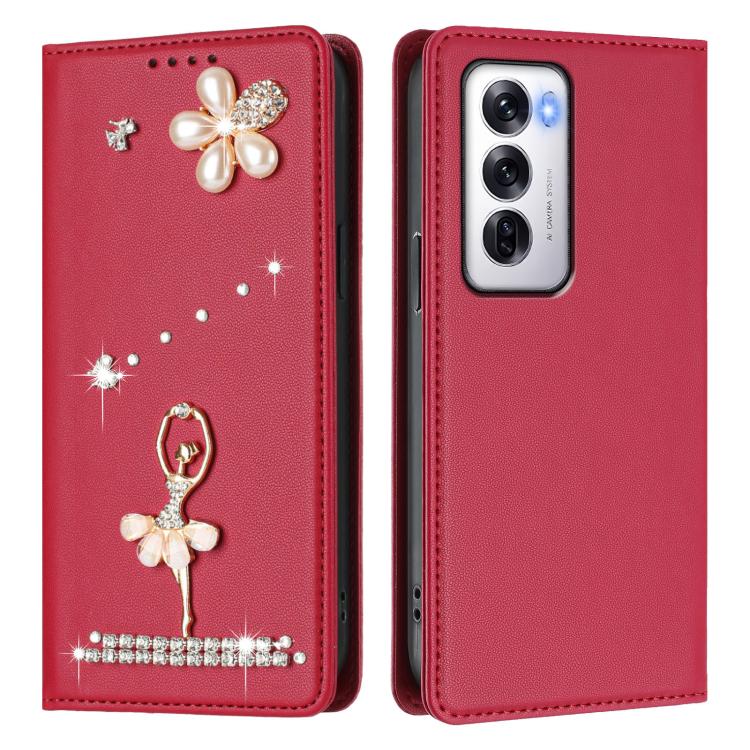 For OPPO Reno12 5G Global Ballet Girl Diamond Studded RFID Vegan Leather Phone Case