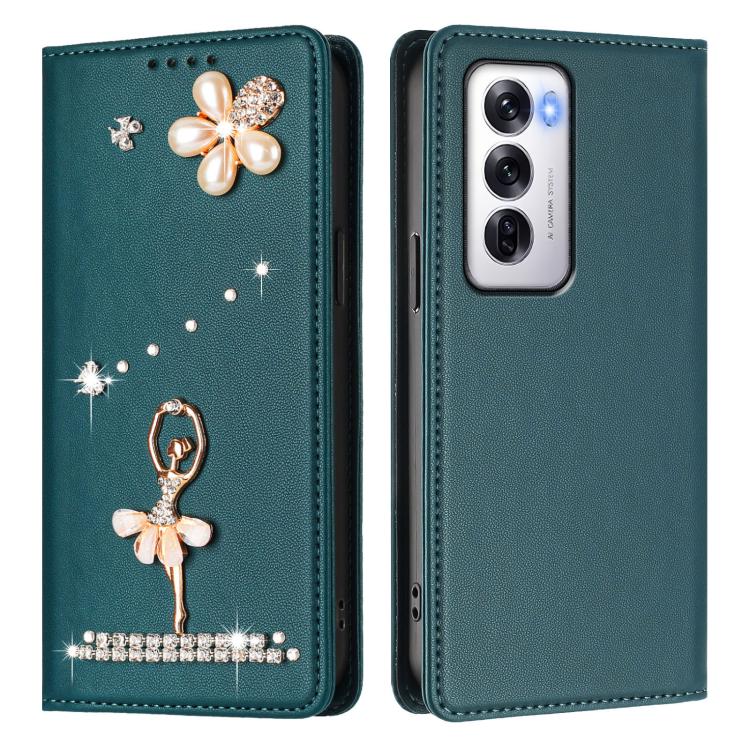 For OPPO Reno12 5G Global Ballet Girl Diamond Studded RFID Vegan Leather Phone Case