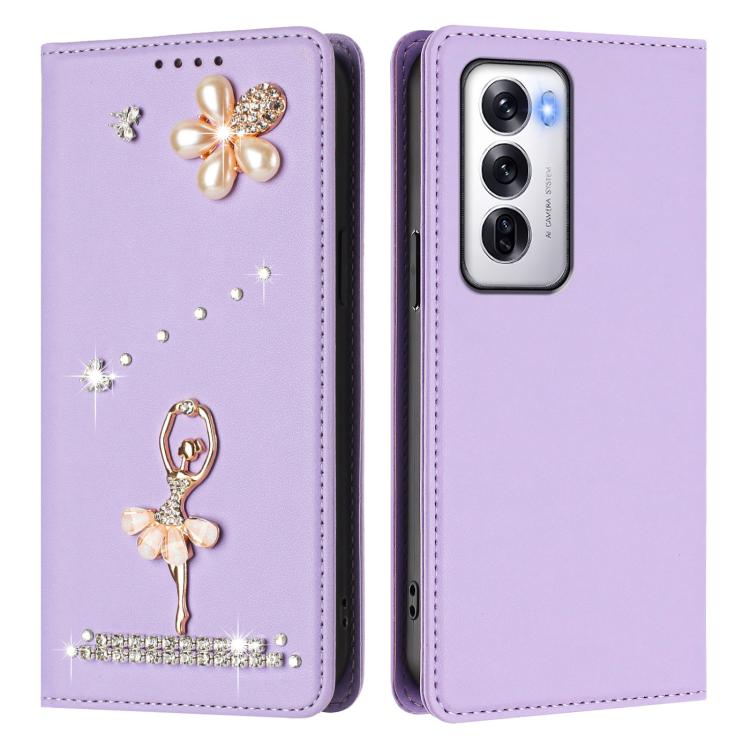 For OPPO Reno12 5G Global Ballet Girl Diamond Studded RFID Vegan Leather Phone Case