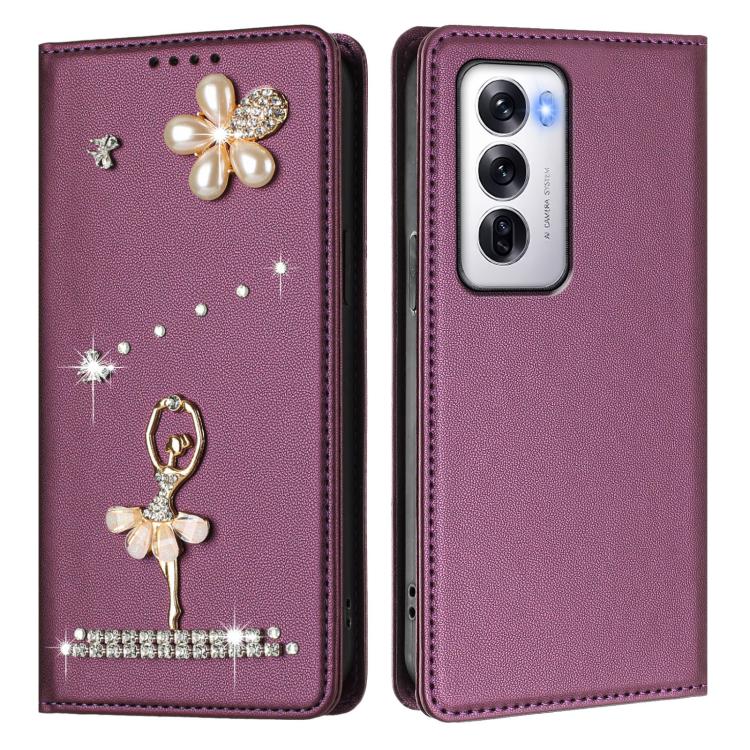 For OPPO Reno12 5G Global Ballet Girl Diamond Studded RFID Vegan Leather Phone Case