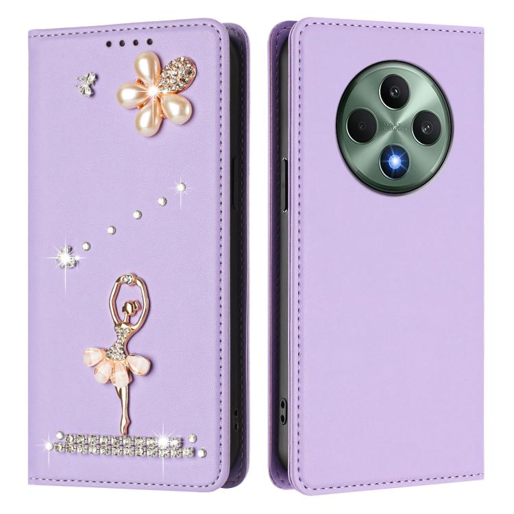 For OPPO Reno12 F 5G Global Ballet Girl Diamond Studded RFID Vegan Leather Phone Case
