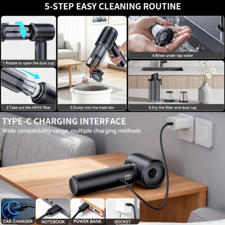 SUITU Handheld Wireless Charging Blow Suction Dual Use Car Vacuum Cleaner, One Touch Dustbin Emptying - Black Gray