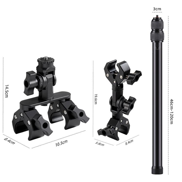 Universal Action Camera Bicycle Handlebar Clamp Holder Extension Rod With Rod & Dual-Leg Crab & Dual-Head Crab Clamp - Black