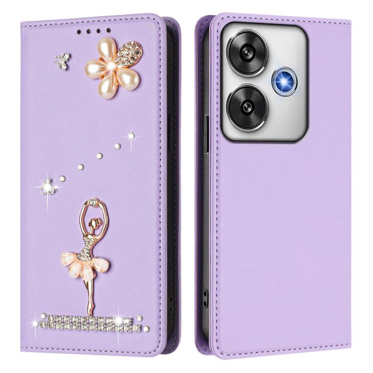 For Xiaomi Poco F6 5G / Redmi Turbo 3 Ballet Girl Diamond Studded RFID Vegan Leather Phone Case