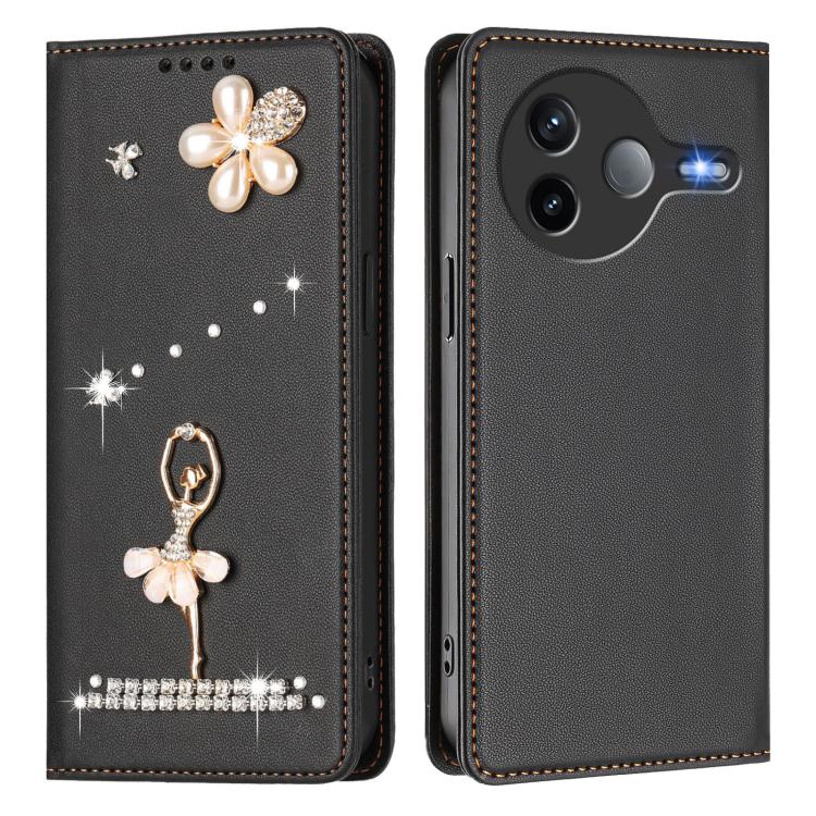 For Xiaomi Poco F7 Pro 5G / Redmi K80 Ballet Girl Diamond Studded RFID Vegan Leather Phone Case