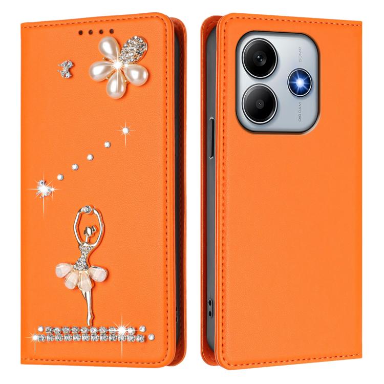 For Xiaomi Poco M7 Pro 5G / Redmi Note 14 5G Ballet Girl Diamond Studded RFID Vegan Leather Phone Case