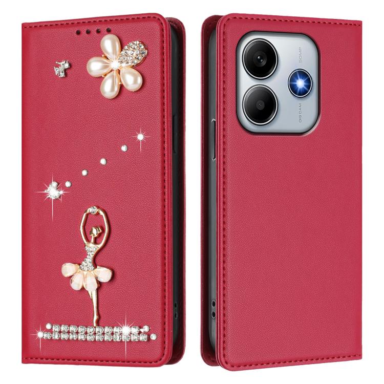 For Xiaomi Poco M7 Pro 5G / Redmi Note 14 5G Ballet Girl Diamond Studded RFID Vegan Leather Phone Case