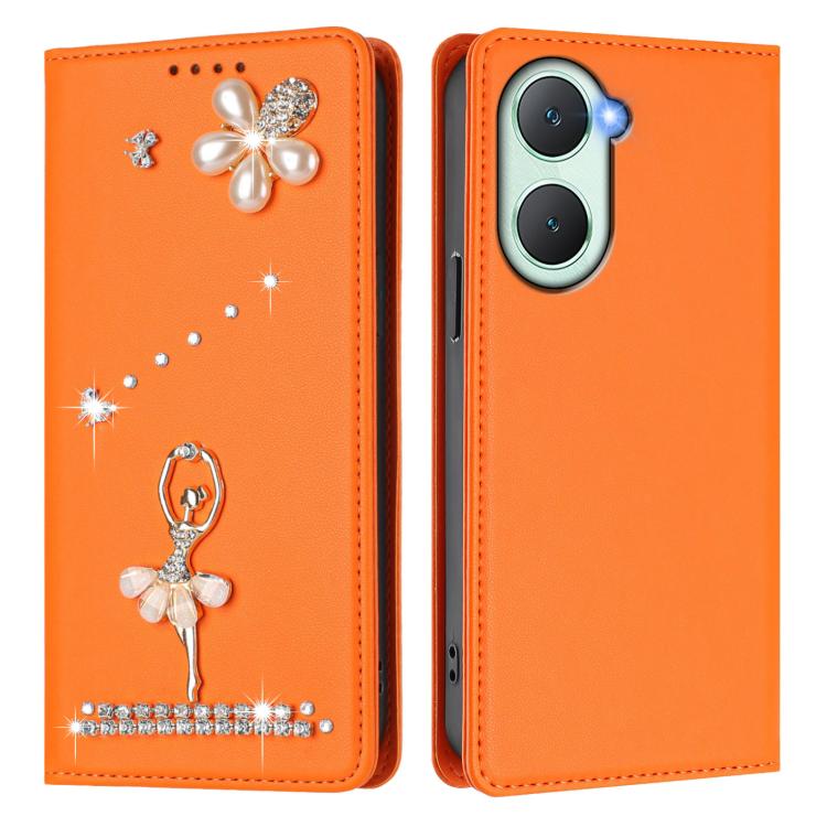 For vivo Y03 4G Global / T3 Lite Ballet Girl Diamond Studded RFID Vegan Leather Phone Case