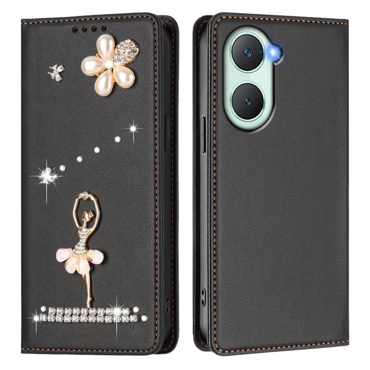 For vivo Y03 4G Global / T3 Lite Ballet Girl Diamond Studded RFID Vegan Leather Phone Case