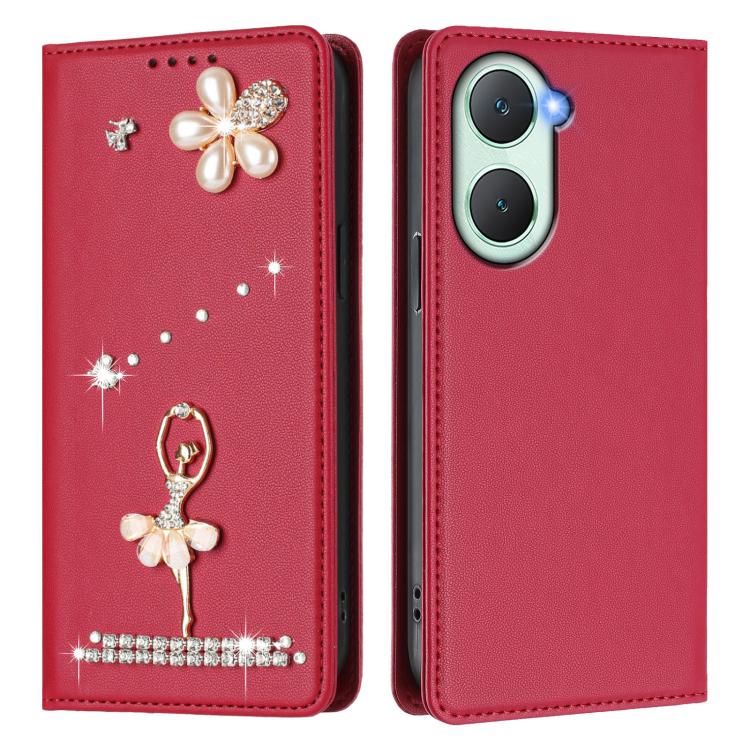 For vivo Y03 4G Global / T3 Lite Ballet Girl Diamond Studded RFID Vegan Leather Phone Case