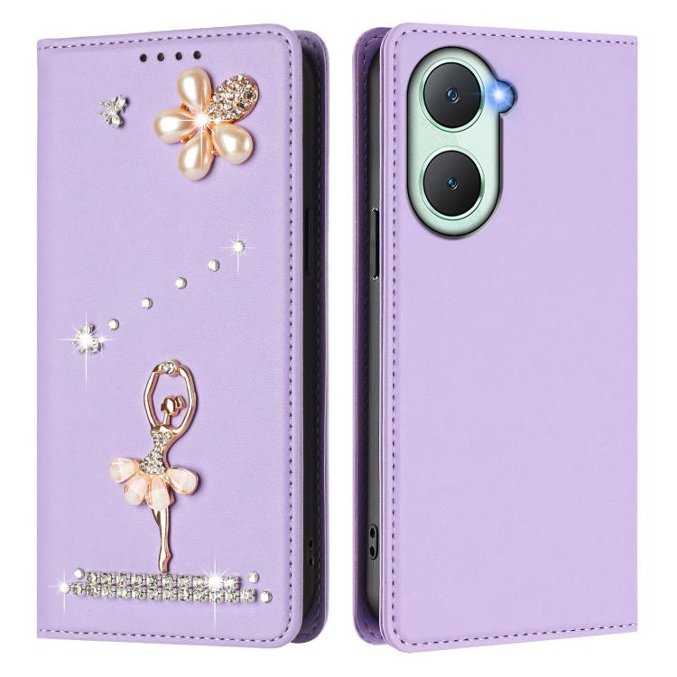 For vivo Y03 4G Global / T3 Lite Ballet Girl Diamond Studded RFID Vegan Leather Phone Case
