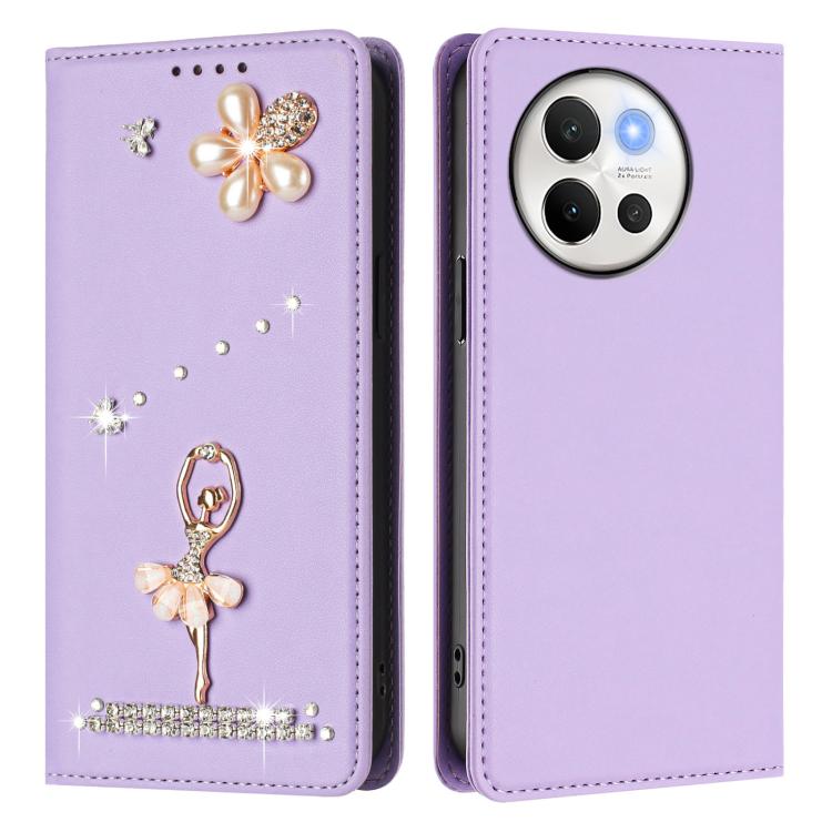 For vivo V40 Lite 5G / V30E 5G Global Ballet Girl Diamond Studded RFID Vegan Leather Phone Case