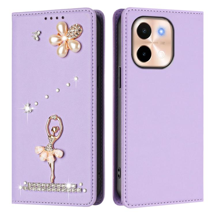 For vivo Y28 4G Global Ballet Girl Diamond Studded RFID Vegan Leather Phone Case