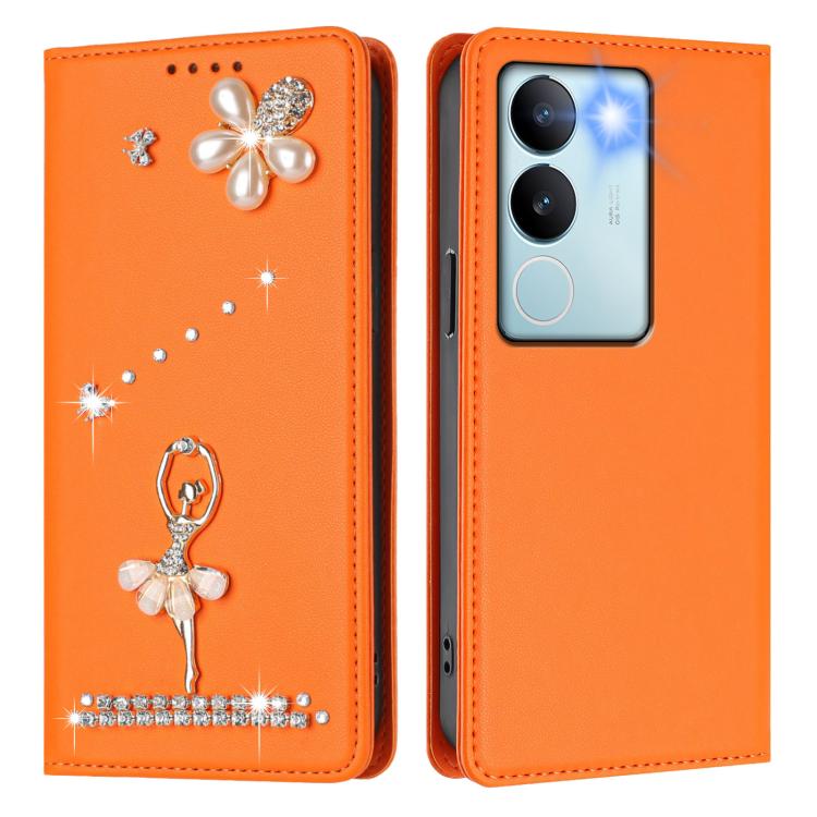 For vivo V29 Pro Ballet Girl Diamond Studded RFID Vegan Leather Phone Case