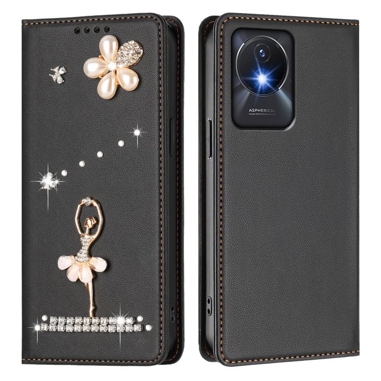 For vivo Y02A 4G/Y02 4G/Y11 2023/Y02T Ballet Girl Diamond Studded RFID Vegan Leather Phone Case