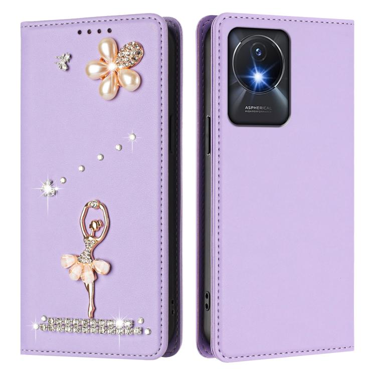 For vivo Y02A 4G/Y02 4G/Y11 2023/Y02T Ballet Girl Diamond Studded RFID Vegan Leather Phone Case
